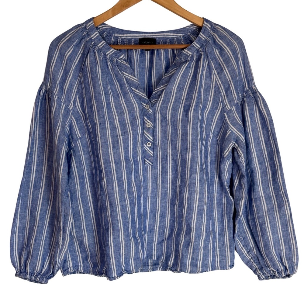 Talbots Linen Blouse Petite Medium Blue White Stripe Boho Peasant Top - Picture 2 of 8